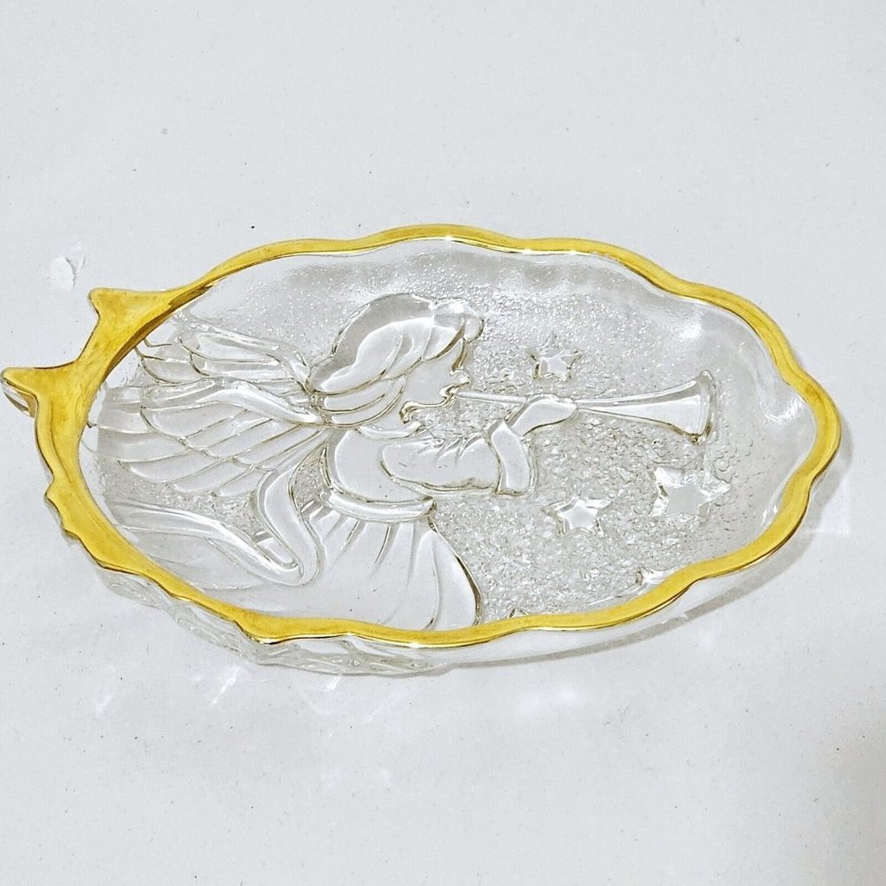 Mikasa Angel Song Gold Gilded Candy Dish 6" holiday clear glass bowl trinket nut